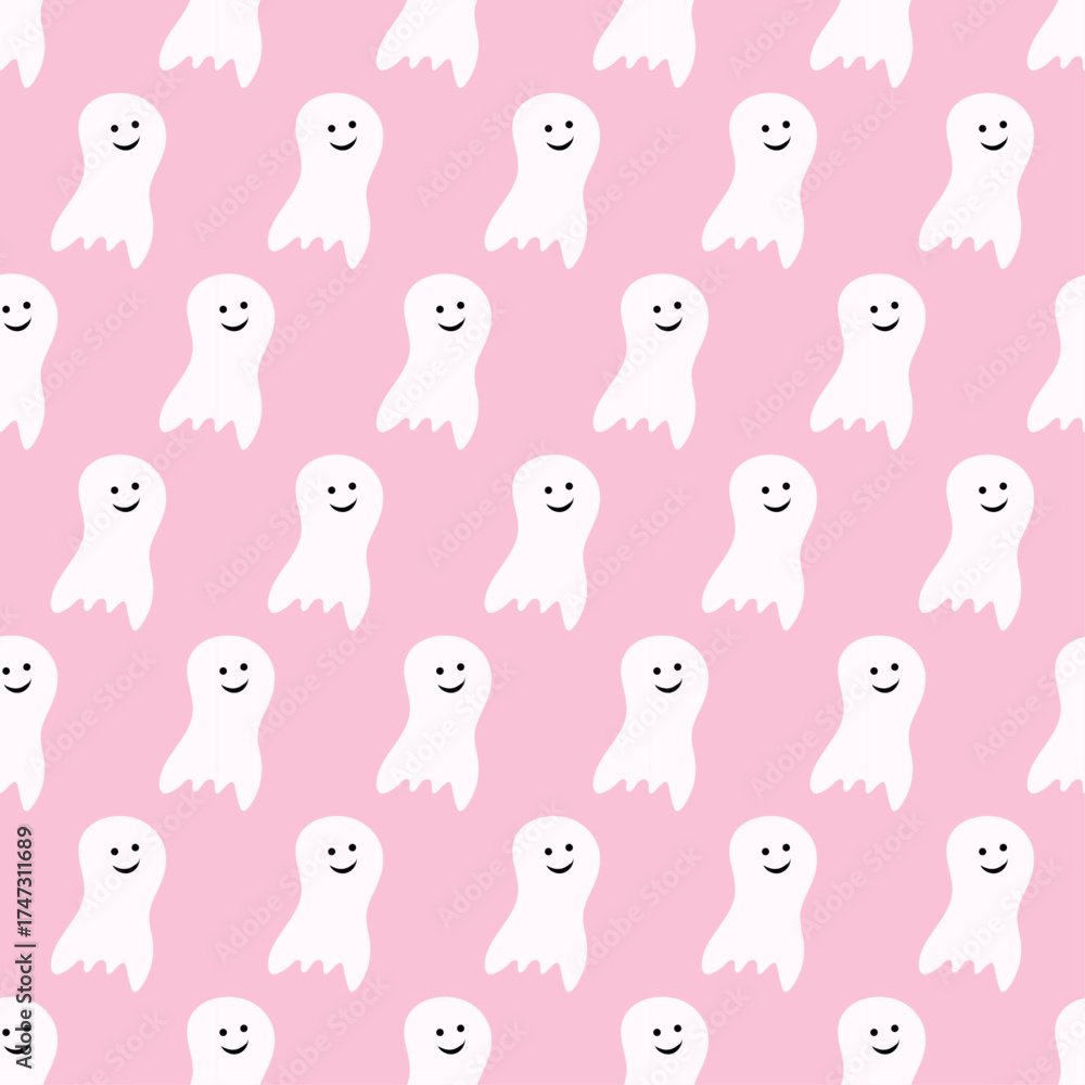 Obraz premium Halloween seamless pattern funny ghost halloweenon pink background cute monster autumn holiday spooky spirit flying ghost vector illustration
