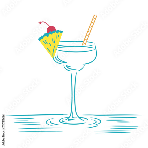 Illustration of a cocktail glass with a pineapple slice, cherry, and straw, the cocktail is drawn in a simple, minimalist style