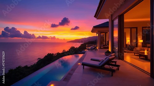 Luxury oceanfront villa with infinity pool at sunset overlooking tropical coastline