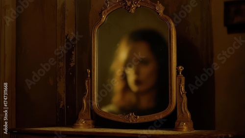 Antique mirror reflecting a blurry figure