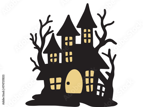 black halloween haunted house with trees clip art preview