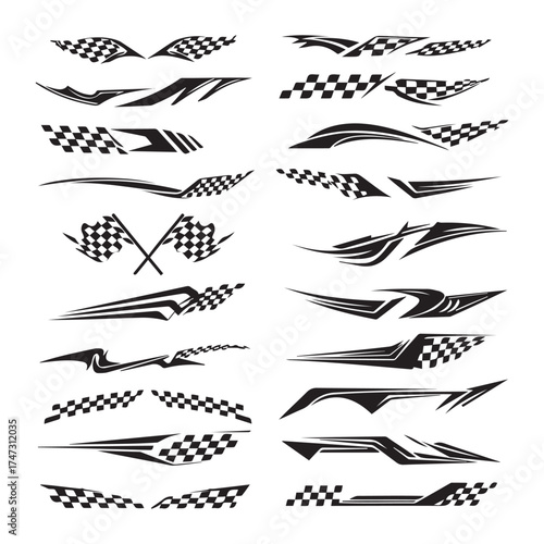 Collection of black and white racing stripes and checkered flags decal designs for vehicles