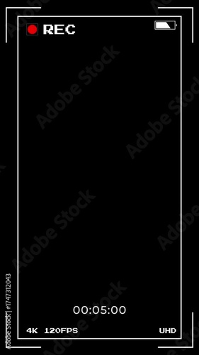 Camera viewfinder HUD animation alpha channel. Digital REC frame with focus point and recording timer. Concept of video camera interface, shooting display, and film overlay.
