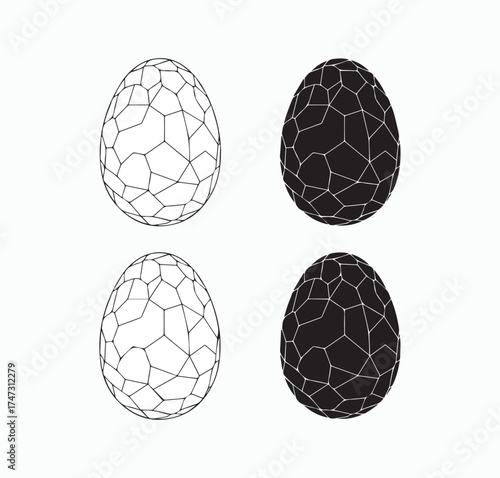 Two stylized black and white patterned eggs arranged in a grid on a white background