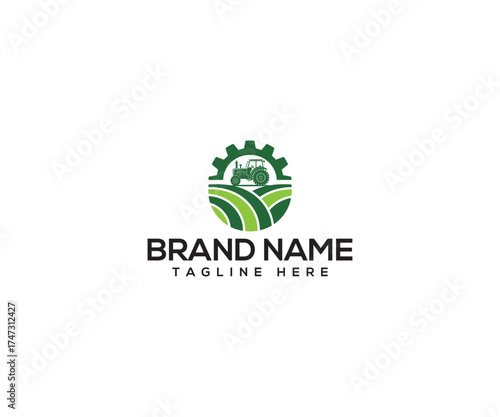 Agricultural Emblem: An illustrative emblem showcases a tractor nestled within a gear and agricultural landscape, embodying agricultural ingenuity and sustainability.