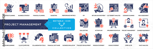 Project Management Glyph Color Icon Collection. Containing Strategic Planning, Business Strategy, Financial Planning, Budgeting, Performance Metrics, Cost Benefit, Scenario Planning, Risk Assessment