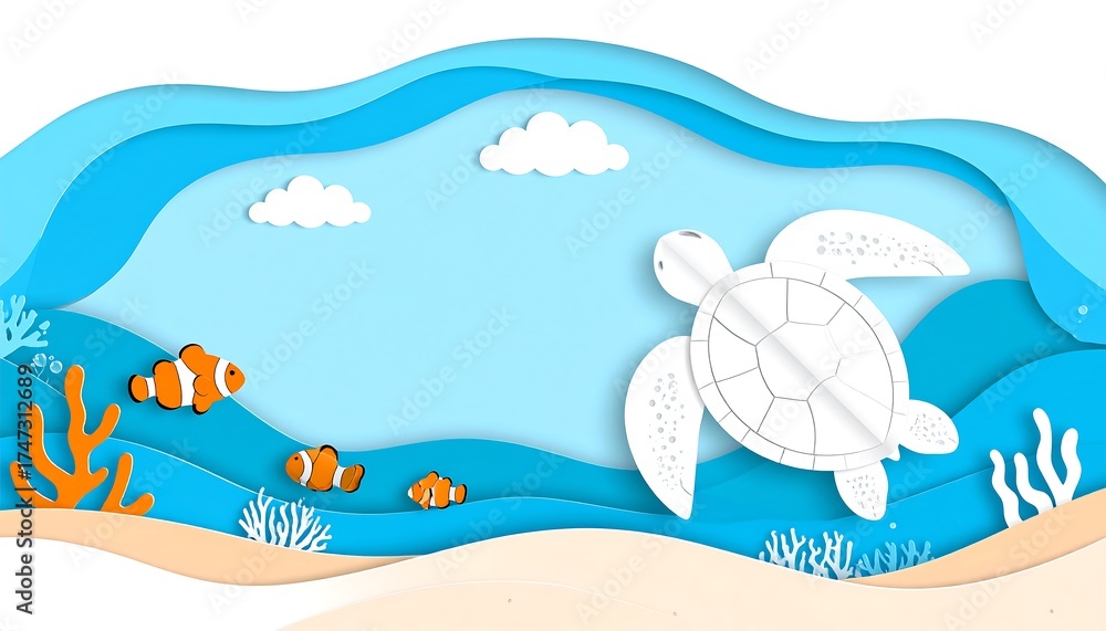 Naklejka premium Underwater paper art scene with a turtle