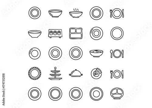 Line-Art Plate Icons, Vector Dishware & Plate Collection, Dining Plate and Tableware Icon Set