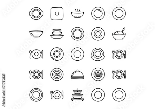 Line-Art Plate Icons, Vector Dishware & Plate Collection, Dining Plate and Tableware Icon Set