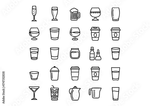 Line-Art Drink Icons, Vector Glassware & Cup Collection, Beverage Container Icon Set