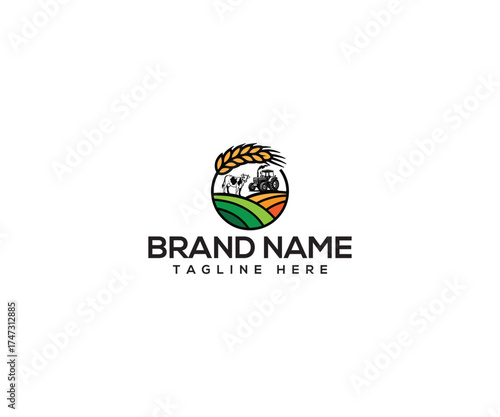 Farm Logo Concept: A vibrant logo illustrating essential farm elements, depicting a tractor, wheat and a cow, symbolizing a harmonious blend of agriculture and the countryside, perfect for branding.