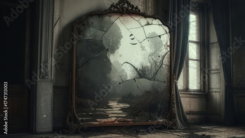 Broken mirror reflecting a foggy path