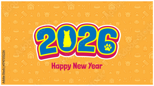 Colorful 2026 Happy New Year greeting card with pet theme, featuring cat and paw icons on orange background, playful design for pet shop or animal celebration