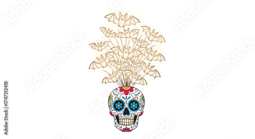 Day of the Dead Sugar Skull with Floral Design, Generative AI.