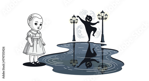 Creepy Doll and Shadow Dancing in Puddle Reflection, Generative AI.
