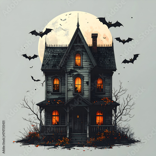 Eerie Halloween Haunted House with Bats and Full Moon.
