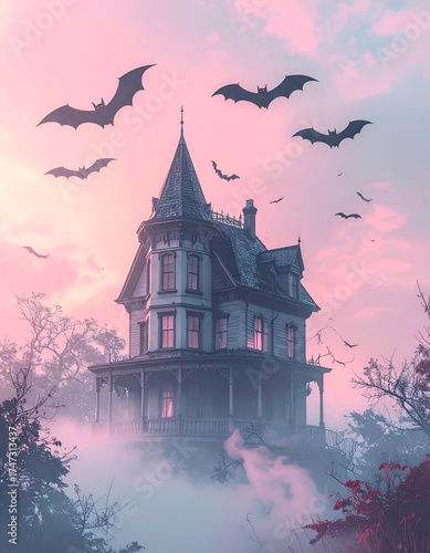 Mystical Haunted Mansion with Bats Soaring in a Pink Sky.
