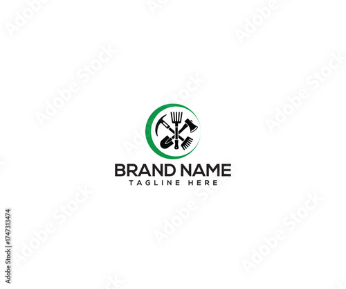 Construction Tools Logo: A stylized logo design featuring essential construction tools arranged within a green circular frame, symbolizing the building and maintenance trade. 