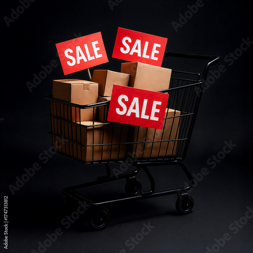 Black shopping cart loaded with cardboard boxes and red sale signs, symbolizing retail promotions and shopping events.