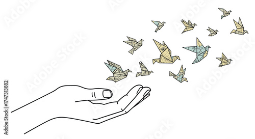 Origami birds flying from open hand illustration, Generative AI.