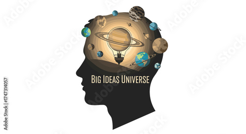 Silhouette of a human head filled with planets and stars representing the universe of big ideas, Generative AI.
