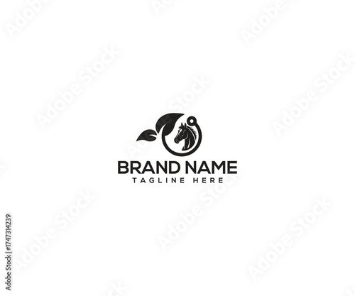 Equestrian emblem: An elegant equestrian emblem, the centerpiece of a refined logo, showcases a horse head intertwined with natural elements like leaves.