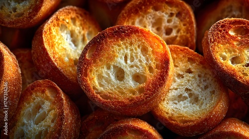 A delicious pile of golden brown toasted bread rounds.
