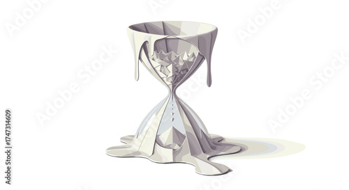 Melting hourglass with sand flowing out onto a white background, Generative AI.