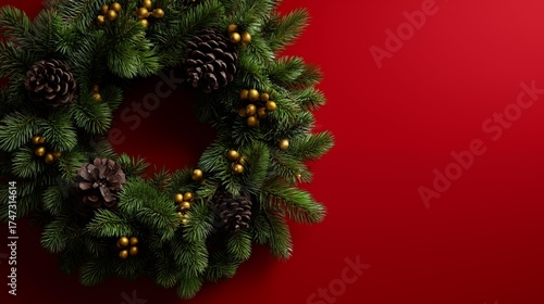 Christmas wreath with pine cone and gold accents on red background, copy space, festive winter decor