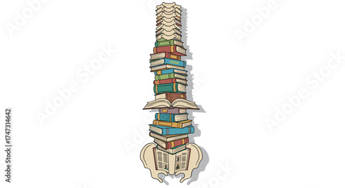 A tall stack of books forming a spine like structure, Generative AI.