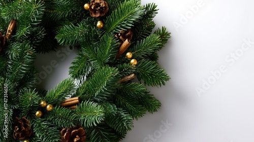 Christmas wreath with pine cones and cinnamon on white background, left side framing, festive decor, copy space