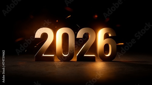 2026 golden numbers with sparks on dark background, 3D render, New Year celebration, copy space