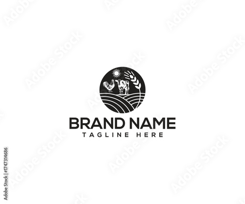 Farm Logo Design: This logo embodies the essence of agriculture, featuring a rooster, cow, and wheat within a circular frame, capturing the heart of rural life and the bounty of the farm.