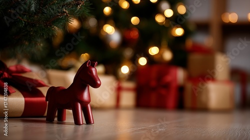 Red horse figurine under Christmas tree with gift box and warm bokeh, cozy holiday interior, close up, copy space