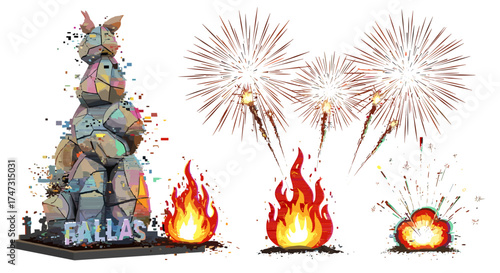 Vector art of fallas monument with fireworks and fire
