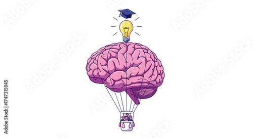 Brain Hot Air Balloon With Light Bulb And Graduation Cap, Generative AI.