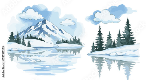 Vector art of winter mountain landscape with frozen lake and pine trees