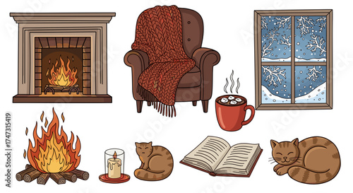 Vector art of cozy winter scene with fireplace, armchair, hot drink, and cat