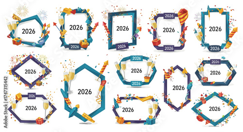 Vector art of new year 2026 frames and borders with confetti