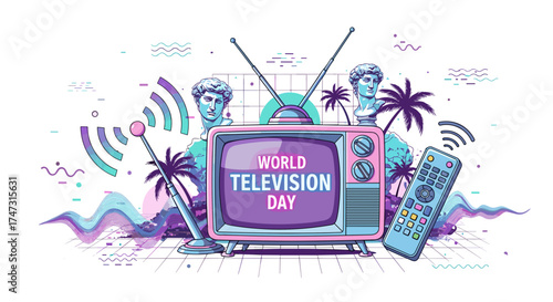 Vector art of world television day celebration with retro tv and remote control