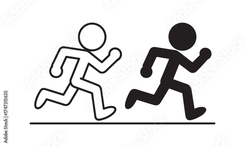 Two stick figures running side by side one black and one white outline