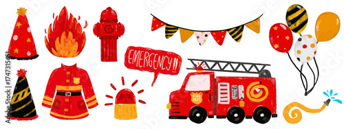 Cute set hand drawn red fire engine truck birthday party theme balloons greeting card kids doodle watercolor crayon fun illustration design sticker clipart
