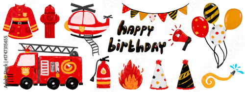 Cute set collections hand drawn red fire engine truck birthday party theme balloons greeting card kids doodle watercolor crayon fun illustration design clipart sticker