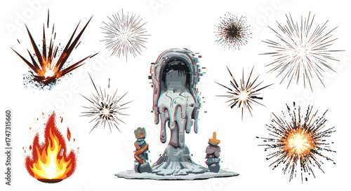Vector art of collection of fireworks and a melting statue
