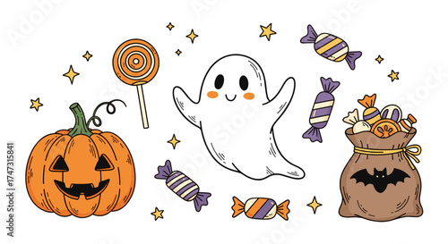 Vector art of cute halloween ghost, pumpkin, candy, and trick or treat bag