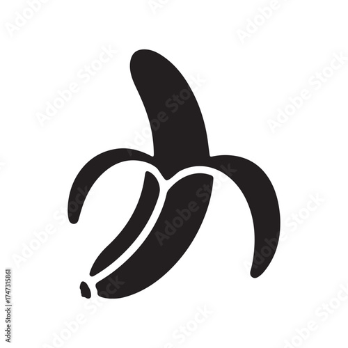 Simple black silhouette of a peeled banana on white background