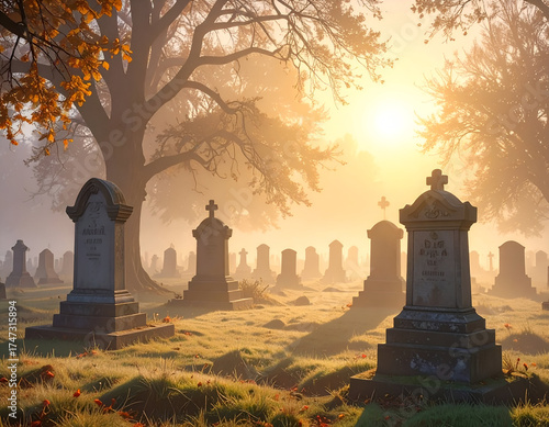 Serene Cemetery Scene - Golden Sunrise Illuminates Ancient Gravestones.