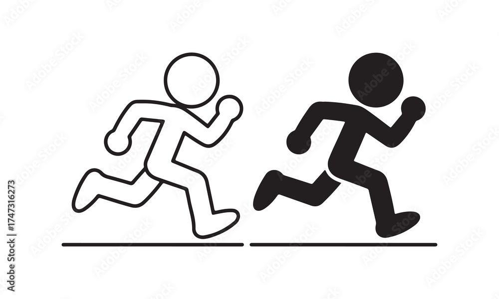 Fototapeta premium Two stylized figures running side by side one black and one white