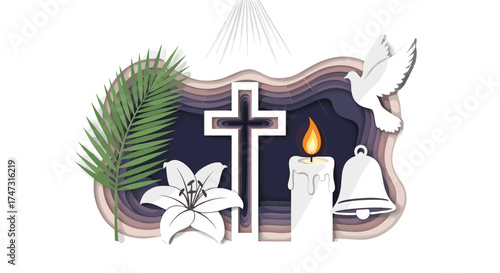 Vector art of religious symbols including cross, lily, palm, dove, candle, bell