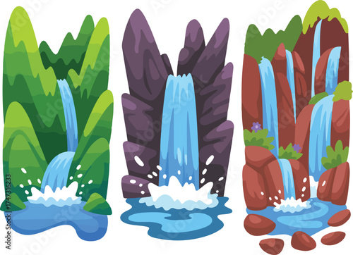Three stylized cartoon waterfalls cascading down colorful rocky cliffs into pools